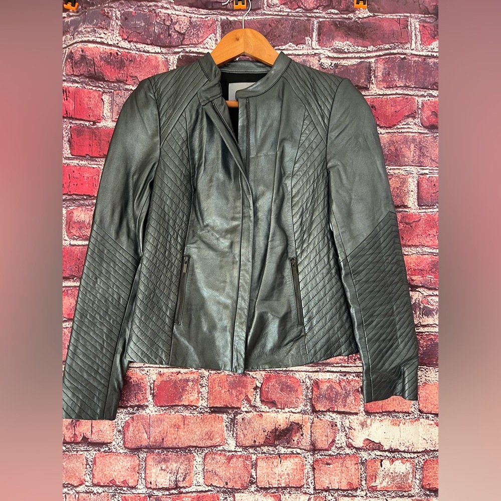 Classiques Entier Silver Metallic Quilted Genuine Lamb Leather Jacket XS